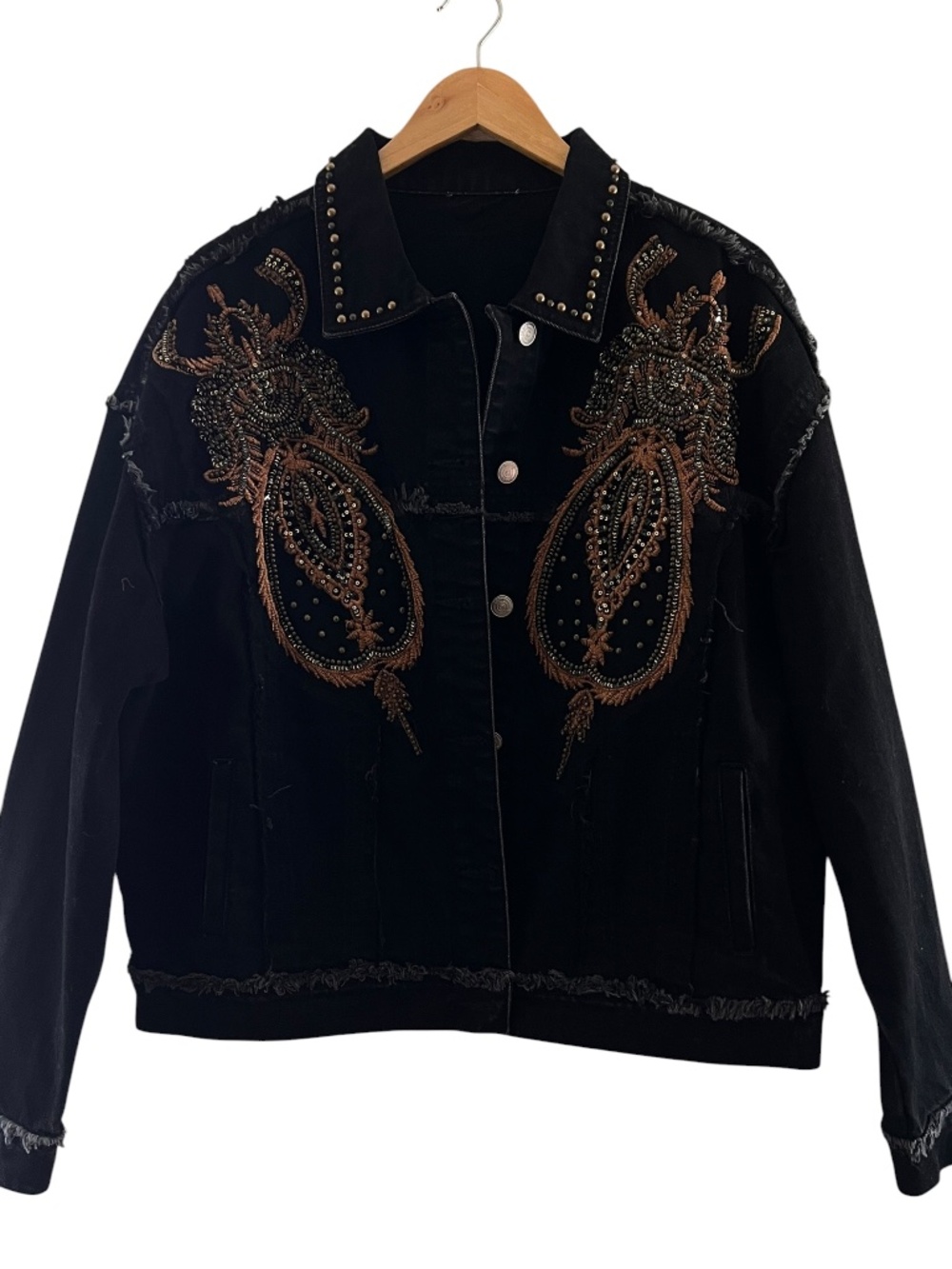 Black Wash Embroidered Western Boho Denim Jacket sz L (not tags will fit M-XL)